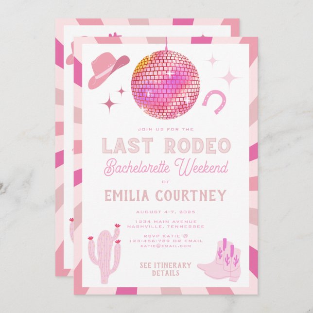 Pink Disco Cowgirl Last Rodeo Bachelorette Weekend Invitation (Front/Back)