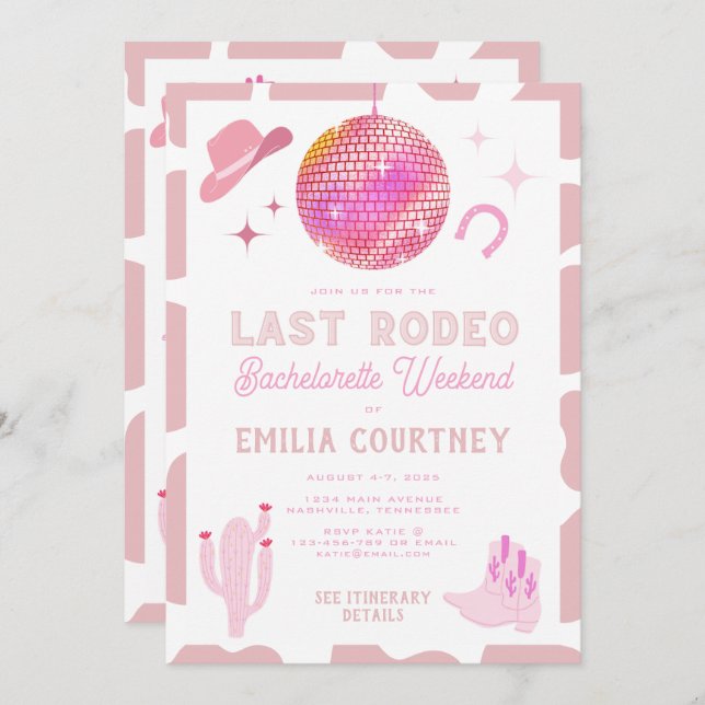 Pink Disco Cowgirl Last Rodeo Bachelorette Weekend Invitation (Front/Back)