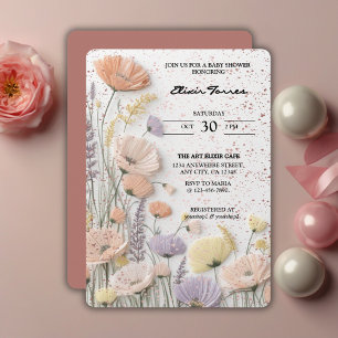Pink Distressed Pressed Wildflower Baby Shower Invitation