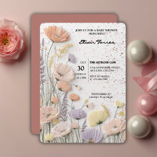 Pink Distressed Pressed Wildflower Baby Shower Invitation
