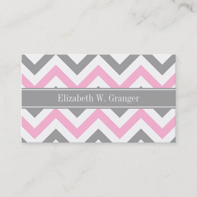 Pink Dk Grey White LG Chevron Grey Name Monogram Business Card (Front)