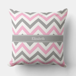 Pink Dk Grey White LG Chevron Grey Name Monogram Cushion