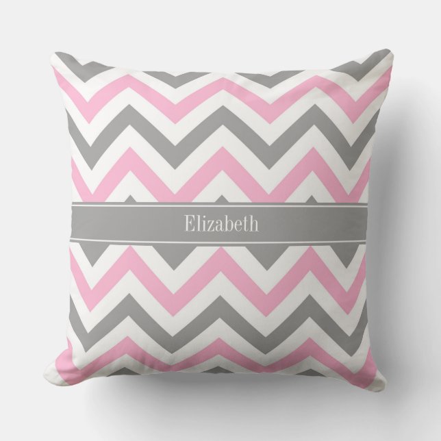 Pink Dk Grey White LG Chevron Grey Name Monogram Cushion (Front)
