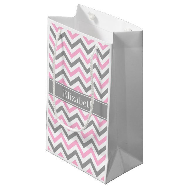 Pink Dk Grey White LG Chevron Grey Name Monogram Small Gift Bag (Front Angled)