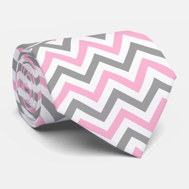 Pink Dk Grey White LG Chevron Grey Name Monogram Tie (Rolled)