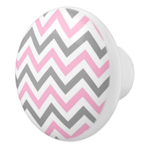 Pink, Dk Grey Wht Large Chevron ZigZag Pattern Ceramic Knob
