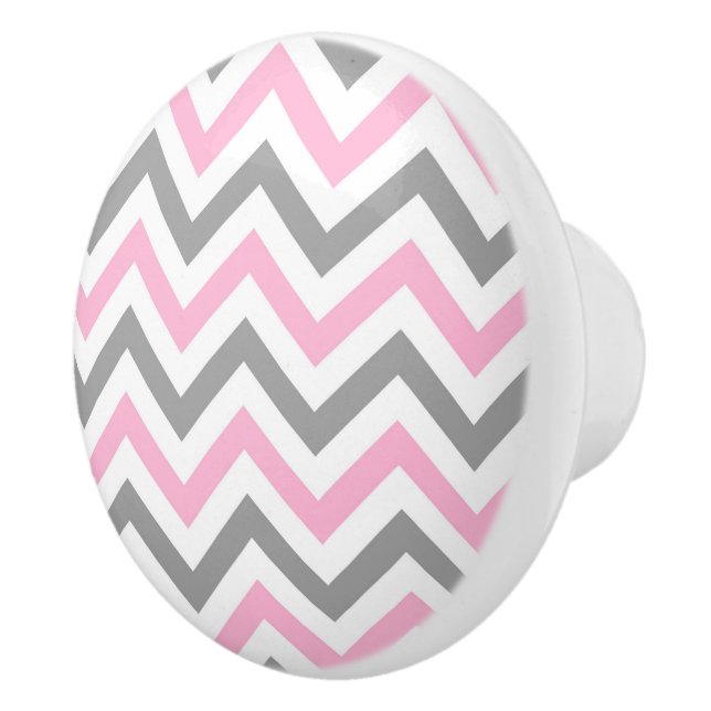 Pink, Dk Grey Wht Large Chevron ZigZag Pattern Ceramic Knob (Right)