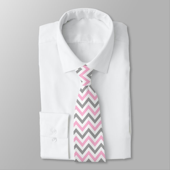 Pink, Dk Grey Wht Large Chevron ZigZag Pattern Tie (Tied)