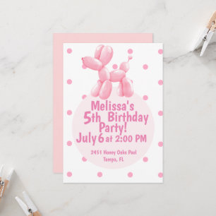 Pink Dog Balloon 5th Birthday Invitation 