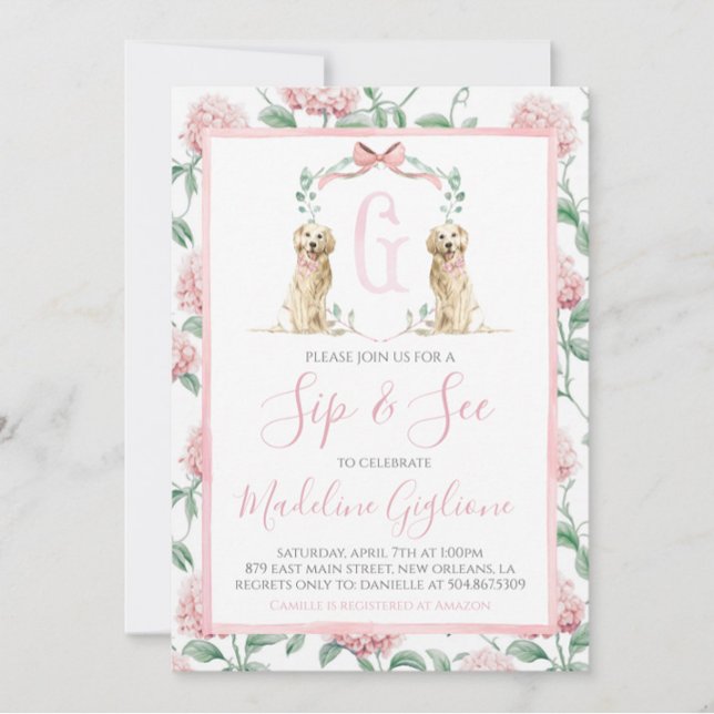 Pink Dog Girl Sip & See Floral Preppy Southern Invitation (Creator Uploaded)