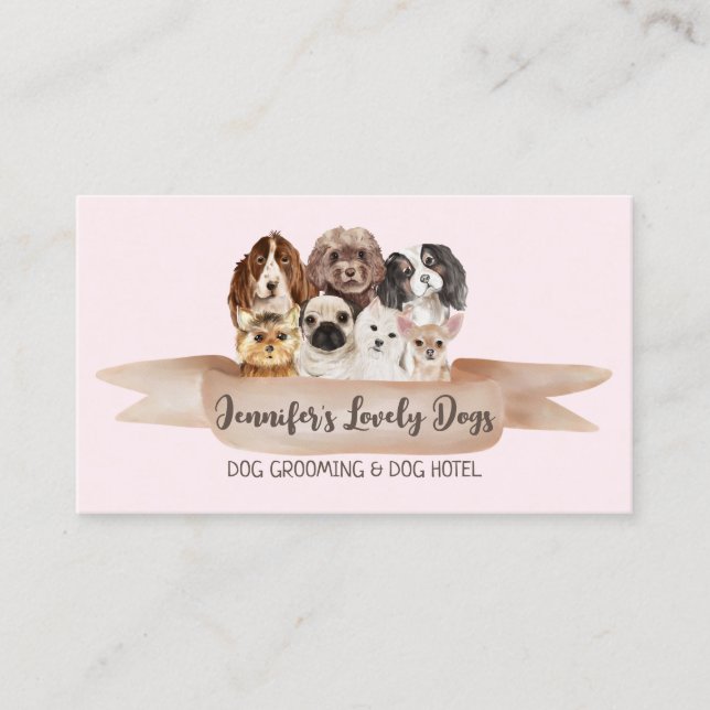 Pink Dog Grooming Small Breeds Puppy Business Card (Front)