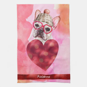 Pink Dog Lover Valentine Gift French Bulldog Tea Towel