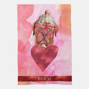 Pink Dog Lover Valentine Gift French Mastiff  Tea Towel