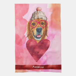 Pink Dog Lover Valentine Gift Golden Retriever Tea Towel
