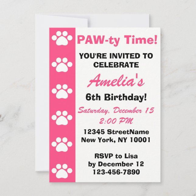 Pink - Dog or Cat Themed Birthday Party Invitation (Front)