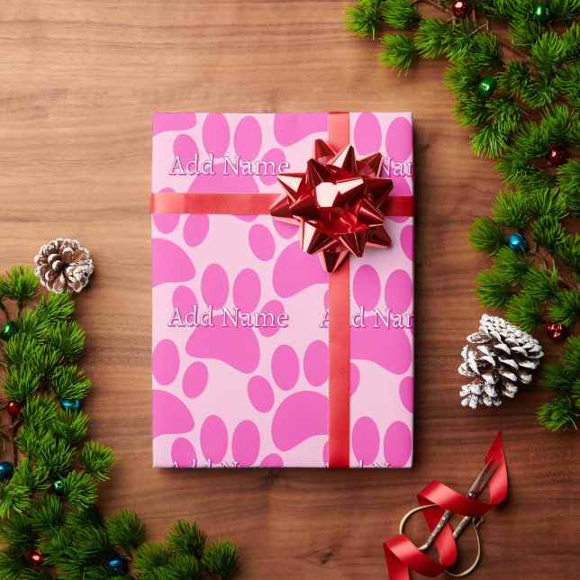 Pink Dog Paw Print Custom Name Wrapping Paper (Holiday Gift)