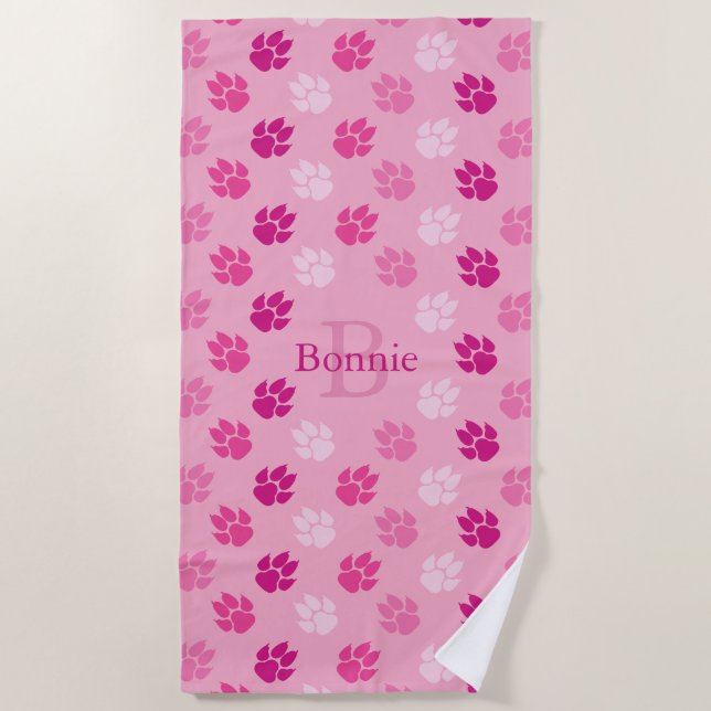 Pink Dog Paws Prints With Monogram And Name Beach Towel (Front)