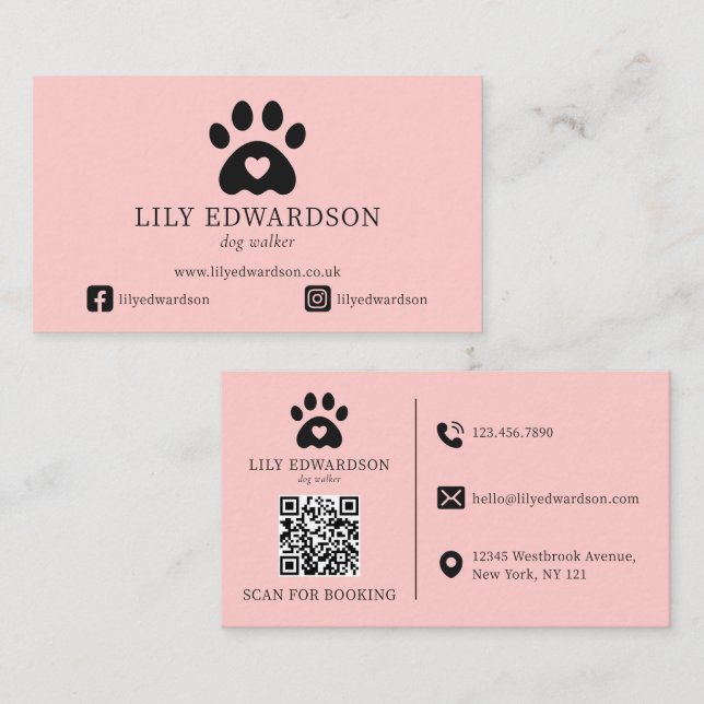 Pink Dog Walker Pet Sitting Paw Print QR Code Business Card (Front/Back)