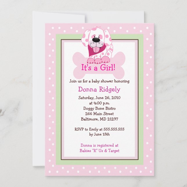 Pink Doggy Bone Puppy Dog Baby Girl Shower 5x7 Invitation (Front)