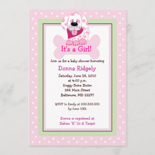 Pink Doggy Bone Puppy Dog Baby Girl Shower 5x7 Invitation