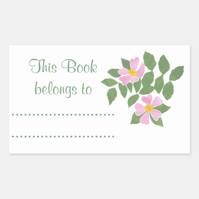Pink Dogroses on Blue Sheet of Bookplates Rectangular Sticker (Front)