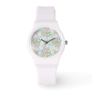 Pink Dogroses on Sky Blue Sporty White Wristwatch
