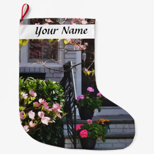 Pink Dogwood and Pots of Geraniums Large Christmas Stocking