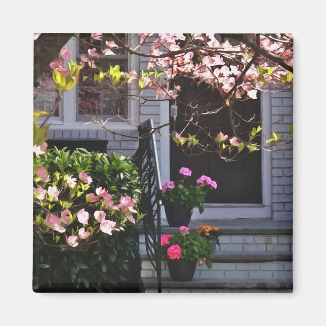 Pink Dogwood and Pots of Geraniums Magnet (Front)
