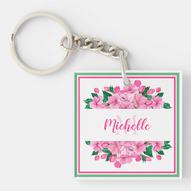 Pink Dogwood Blossoms - Personalised Key Ring (Front)
