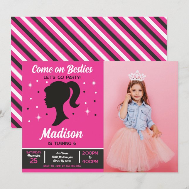 Pink Doll Besties Fashion Party Photo Birthday  Invitation (Front/Back)