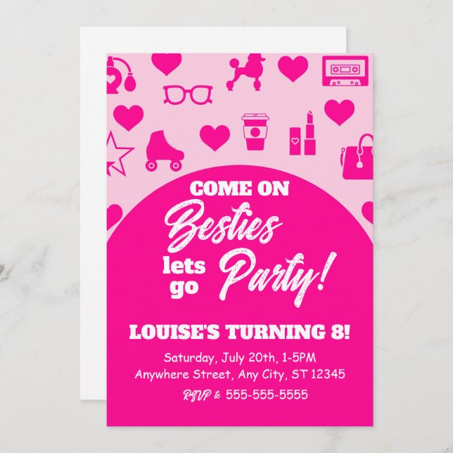 Pink Doll Girl Fashion Digital Download Birthday Invitation (Front/Back)