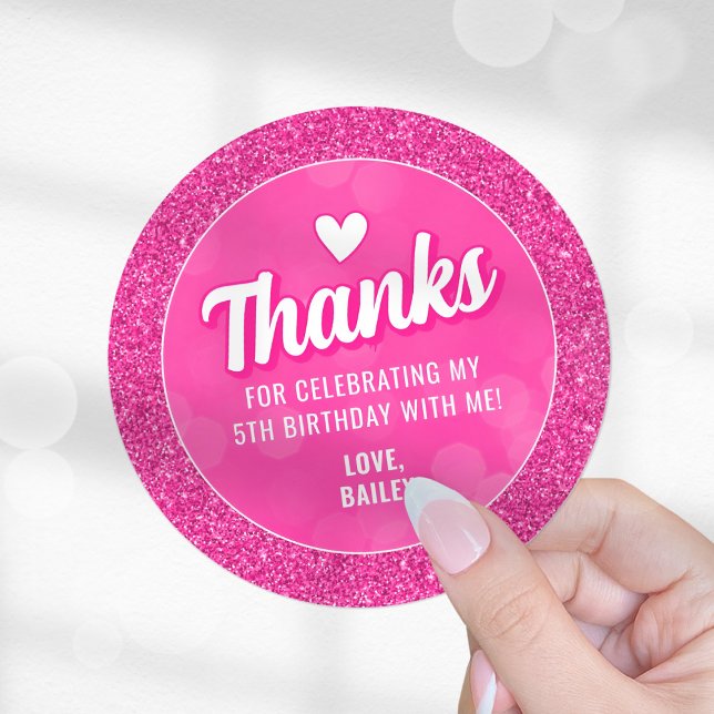 Pink Doll Sticker, Glitter Girl Birthday Thank You Classic Round Sticker (Pink Doll Round Sticker)