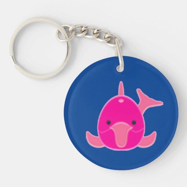 Pink Dolphin on Blue Background Keychain (Front)