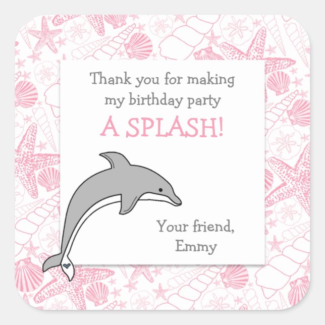 Pink Dolphin Seashells Birthday Party Favour Square Sticker (Front)