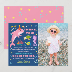 Pink Dolphin Under The Sea Girl Birthday Photo Thank You Card