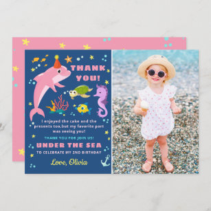 Pink Dolphin Under The Sea Girl Birthday Photo Thank You Card