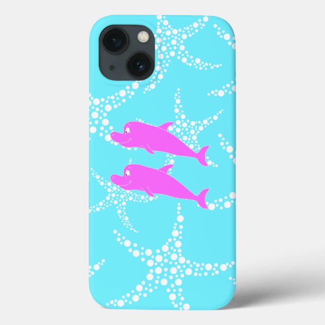 Pink Dolphins on Turquoise Blue Pattern Case-Mate iPhone Case (Back)