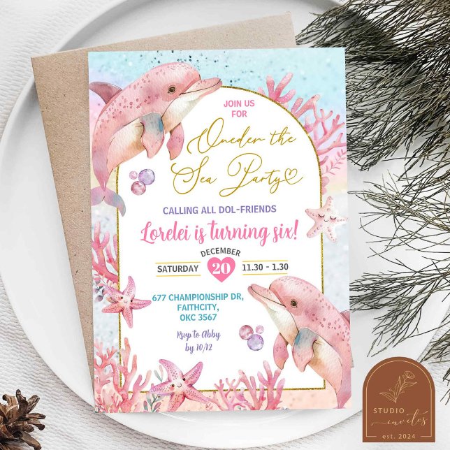 Pink Dolphins Sea Party First Birthday Girl Invitation (Creator Uploaded)