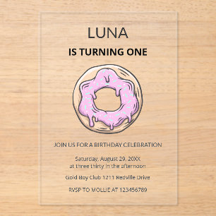 Pink Donut 1st Birthday Invitation Girl 