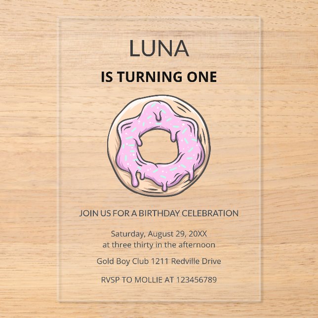 Pink Donut Cute Girl 1st Birthday Party  Acrylic Invitations (Front)