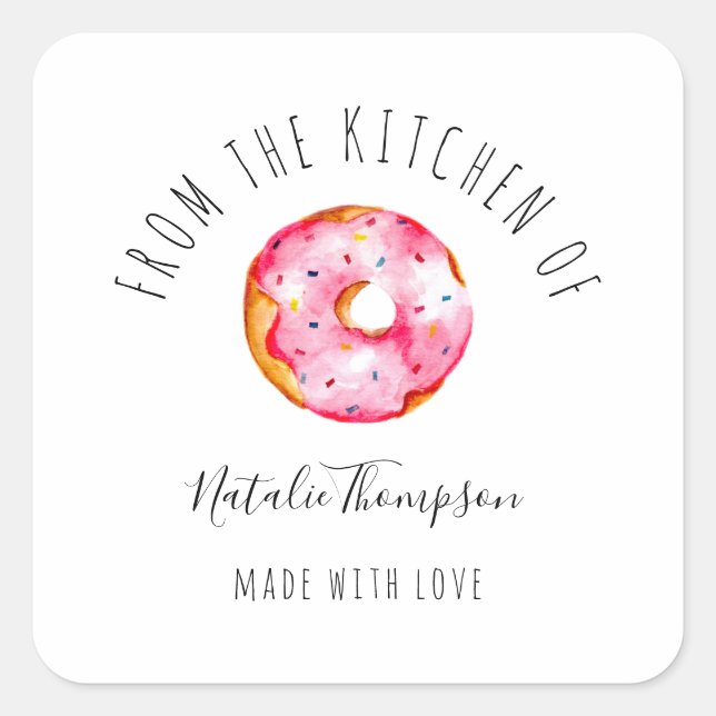 Pink Donut From the Kitchen of Baking Homemade Square Sticker (Front)