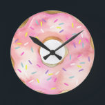 Pink Donut Watercolor Doughnut Cute Sprinkles Round Clock<br><div class="desc">Pink Donut Watercolor Doughnut Cute Sprinkles</div>