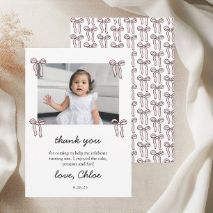 Pink Doodle Bow Baby Girl 1st Birthday Thank You Card