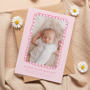Pink Doodle Frame Birth Announcement Photo