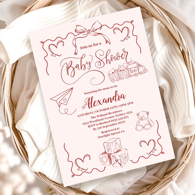 Pink Doodle Toys Bow Baby Shower Invitation (Creator Uploaded)