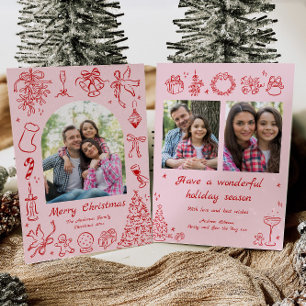 Pink Doodles Christmas Card Photo Trendy Holiday