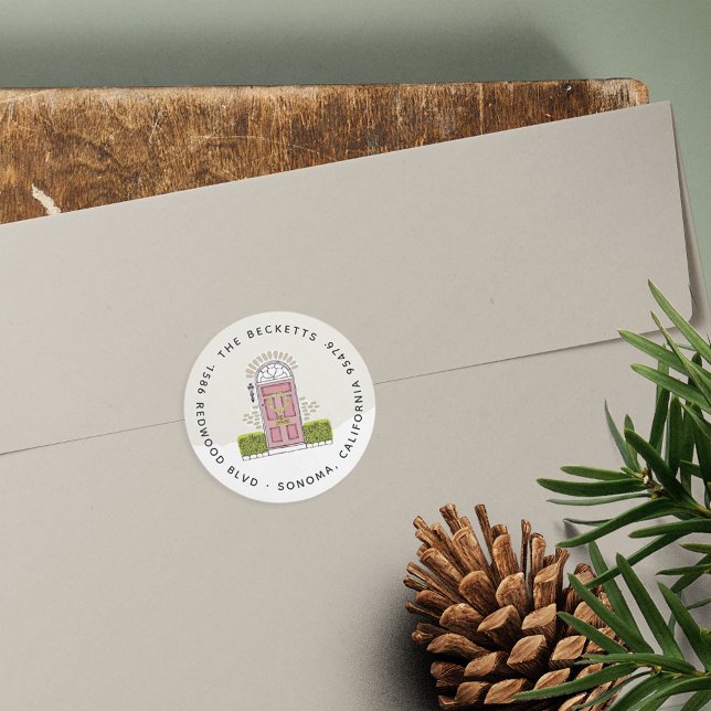 Pink Door Holiday Return Address Classic Round Sticker (Creator Uploaded)