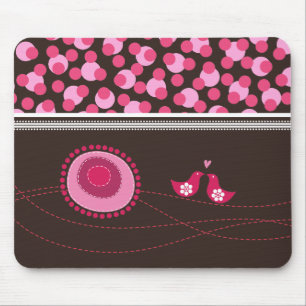 Pink Dot Flowers & Happy Birds Pattern Mousepad