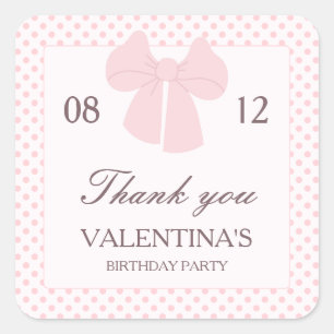 Pink dots and pink bow girls birthday square sticker