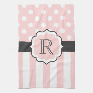 Pink Dots and Stripes Pattern Tea Towel